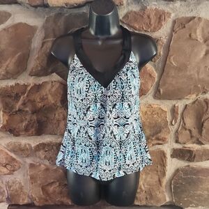 St. John's Bay Black & Light Blue Printed Swim Top